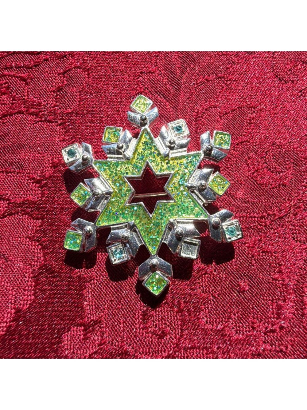 Vintage Christopher Radko Snowflake Brooch Silver Tone Green Glitter Pin 1.75"